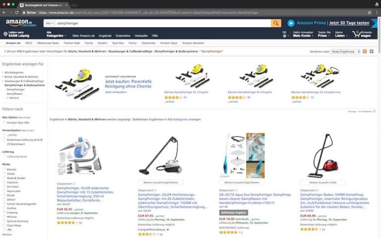 Dampfreiniger bei Amazon kaufen (Screenshot- 07.09.2018)